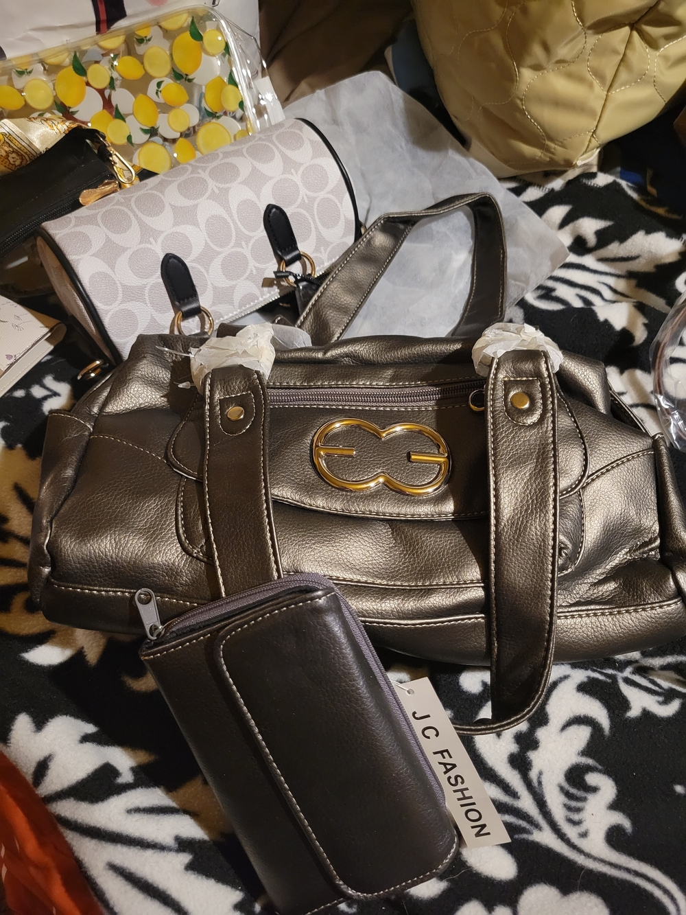 Metallic Bronze Satchel Bag with Wallet
